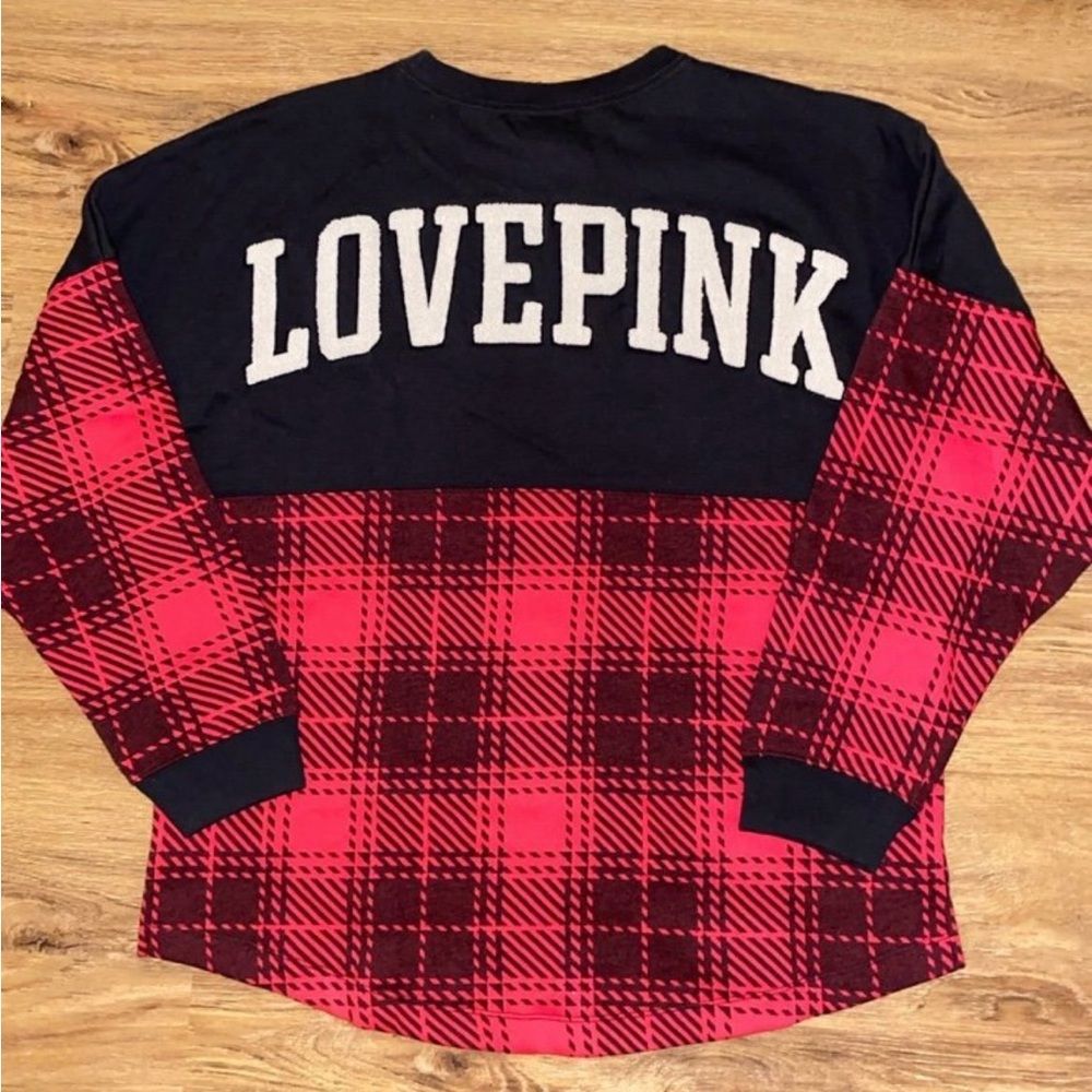 VS Pink Black Varsity Pullover with Red Plaid
Large